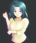  1girl blue_eyes blue_hair breasts eyebrows forked_eyebrows future_card_buddyfight grey_background harunori_oogami long_hair looking_at_viewer mature medium_breasts mikado_suzumi shirt simple_background smile solo 