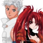  1boy 1girl bare_shoulders breasts choker cleavage elbow_gloves gloves grey_eyes grey_hair long_hair loni_dunamis nanaly_fletch red_eyes red_hair short_hair tales_of_(series) tales_of_destiny_2 twintails 