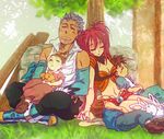  2girls 3boys bare_shoulders belt boots breasts brown_hair elbow_gloves gloves grey_hair long_hair loni_dunamis midriff multiple_boys multiple_girls nanaly_fletch navel open_mouth pants ponytail red_hair saliva shoes short_hair sleeping tales_of_(series) tales_of_destiny_2 thigh_boots thighhighs tree twintails 