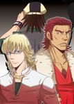  antonio_lopez barnaby_brooks_jr blonde_hair bracelet brown_hair cabbie_hat chest_hair dark_skin dark_skinned_male glasses green_eyes hat jacket jewelry kaburagi_t_kotetsu kashiwa_(kishiro) male_focus multiple_boys necklace red_hair red_jacket tiger_&amp;_bunny v-neck vest waistcoat watch wristwatch 