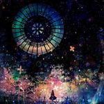  abstract bad_id bad_pixiv_id colorful cross dark dress fence forest harada_miyuki long_hair nature original scenery silhouette sky solo stained_glass star star_(sky) starry_sky tree 