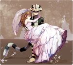  1girl 8ten bridal_veil brown_hair carrying closed_eyes couple dress elbow_gloves flower gloves hair_ornament hetero hunter_x_hunter komugi_(hunter_x_hunter) long_hair meruem princess_carry snot tail veil wedding_dress yellow_eyes 