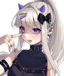  1girl absurdres bags_under_eyes black_bow black_choker blonde_hair bow ceskyne chest_harness choker ear_piercing eyelid_pull facial_mark hair_bow hair_ornament hairclip harness heart heart_facial_mark heart_o-ring high_ponytail highres horns jewelry looking_at_viewer multicolored_nails multiple_rings o-ring original piercing ponytail purple_eyes purple_horns ring sidelocks sleeveless tongue tongue_out tongue_piercing white_background 