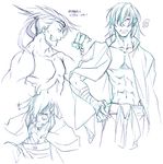  abs adon_(street_fighter) angry arm_wrap bandages cape character_sheet grin hair_down hair_over_one_eye hand_wraps headband hikage_mono injury male_focus mongkhon monochrome muscle pectorals smile street_fighter 