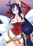  ahri animal_ears areola_slip areolae blush breasts detached_sleeves facial_mark fox_ears fox_tail large_breasts league_of_legends long_hair murasaki_(konekomilk) nipple_slip nipples no_panties tail wardrobe_malfunction whisker_markings 