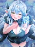  0806ohji 1girl ahoge black_dress black_gloves blue_hair blush breasts cleavage cowboy_shot dress elf gloves heart heart_ahoge heart_hands highres hololive horns large_breasts long_hair mahou_shoujo_holowitch! official_alternate_costume pointy_ears solo virtual_youtuber yellow_eyes yukihana_lamy 