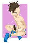  ashita_(liquid_berry_revolution) bad_id bad_pixiv_id blush border brown_hair chocolate_banana fudou_akio full_body green_eyes inazuma_eleven inazuma_eleven_(series) male_focus mohawk purple_background sexually_suggestive shirtless shorts smile socks star tongue tongue_out 