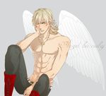  abs angel_wings bad_id bad_pixiv_id barnaby_brooks_jr blonde_hair boots glasses green_eyes jewelry konoyasoul male_focus necklace one_eye_closed shirtless solo tiger_&amp;_bunny wings 