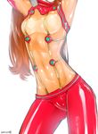  armpits arms_up bad_id bad_pixiv_id bodysuit breasts contrapposto covered_navel evangelion:_2.0_you_can_(not)_advance head_out_of_frame kisaragi_(domino) long_hair multicolored multicolored_bodysuit multicolored_clothes neon_genesis_evangelion orange_bodysuit orange_hair plugsuit rebuild_of_evangelion red_bodysuit shikinami_asuka_langley shiny shiny_clothes signature simple_background skinny slender_waist small_breasts souryuu_asuka_langley standing test_plugsuit torso turtleneck underwear 