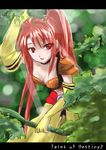  1girl belt bow_(weapon) breasts choker elbow_gloves forest gloves long_hair midriff nanaly_fletch nature open_mouth red_eyes red_hair short_shorts shorts tales_of_(series) tales_of_destiny_2 twintails weapon 