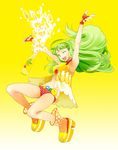  arms_up bottle c.c._lemon c.c._lemon_(character) fingerless_gloves full_body gloves gradient gradient_background green_hair habuki juice long_hair one_eye_closed panties polka_dot shoes solo underwear yellow_background yellow_eyes 