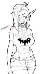 9:16 alien alien_humanoid bedroom_eyes big_breasts bottomwear breasts cleavage clothed clothing disney ear_piercing eyebrows female freckled_breasts freckled_shoulders freckles hair hi_res hotpants humanoid humanoid_pointy_ears long_hair lord_dominator midriff monochrome narrowed_eyes navel noseless not_furry piercing pointy_ears seductive sharp_teeth shorts signature solo spot_color swain_(artist) teeth wander_over_yonder white_back wide_hips
