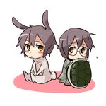  animal_costume bad_id bad_pixiv_id blush_stickers brown_eyes bunny_costume chibi dual_persona glasses nagato_yuki purple_hair simple_background sitting six_(fnrptal1010) suzumiya_haruhi_no_shoushitsu suzumiya_haruhi_no_yuuutsu turtle_shell v_arms white_background yellow_eyes 