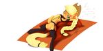  absurd_res applejack_(mlp) blonde_hair blush cowboy_hat cutie_mark english_text equine female friendship_is_magic green_eyes hair hat hi_res horse legwear long_hair looking_at_viewer mammal my_little_pony navel pillow plain_background pony pussy pussy_juice riding_crop smile solo spread_legs spreading stockings text white_background wreky 