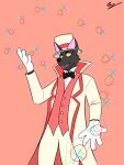 anthro black_tie_(suit) bow_tie canid canine canis clothing fuzamu gloves handwear hat headgear headwear hi_res hybrid kind magic_user male mammal smile solo suit top_hat wolf yellow_eyes