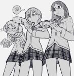  3girls absurdres aioi_yuuko bone_nigi cowboy_shot glasses greyscale hands_up heart highres image_in_speech_bubble looking_at_another minakami_mai monochrome multiple_girls naganohara_mio nichijou open_mouth pursed_lips school_uniform short_hair short_twintails simple_background skirt speech_bubble tokisadame_school_uniform twintails 