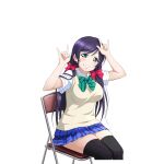  1girl \m/ black_thighhighs blue_skirt blush bow bowtie breasts brown_sweater_vest chair cosplay cowboy_shot diagonal-striped_bow diagonal-striped_bowtie diagonal-striped_clothes double_\m/ dress_shirt folding_chair green_bow green_bowtie green_eyes grin hair_bow hair_ornament hands_up large_breasts long_hair looking_at_viewer love_live! love_live!_school_idol_festival love_live!_school_idol_project miniskirt nico_nico_nii official_art otonokizaka_school_uniform plaid_clothes plaid_skirt pleated_skirt purple_hair red_bow school_uniform shirt short_sleeves sitting skirt smile solo striped_clothes summer_uniform sweater_vest thighhighs tojo_nozomi transparent_background twintails white_shirt yazawa_nico yazawa_nico_(cosplay) 
