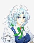  artist_name blue_eyes bow braid breasts brooch covered_nipples crystal_clear dress_shirt hair_bow izayoi_sakuya jewelry large_breasts looking_at_viewer maid_headdress parted_lips puffy_sleeves shirt short_hair short_sleeves silver_hair simple_background solo touhou twin_braids upper_body vest white_background 