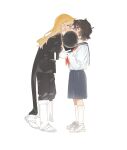  2girls black_cape black_hair black_jacket black_pants black_serafuku black_skirt blonde_hair blue_eyes boots cape censored cosplay gloves hat highres jacket jiguang_haibao kiss knee_boots koishikawa_iko long_sleeves momijiyama_teru multiple_girls neckerchief novelty_censor pants pleated_skirt red_neckerchief school_uniform semi-rimless_eyewear serafuku shirt shoes shy_(series) skirt socks spirits_(shy) spirits_(shy)_(cosplay) unworn_hat unworn_headwear white_boots white_gloves white_shirt white_shoes white_socks white_stripes yellow_eyes yuri 