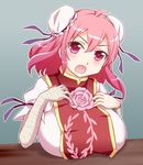  bandages breast_rest breasts cuffs double_bun flower hands_on_own_chest highres ibaraki_kasen kairakuen_umenoka large_breasts looking_at_viewer open_mouth pink_eyes pink_flower pink_hair pink_rose rose shackles short_hair solo tabard touhou 