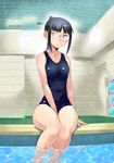  1girl black_hair blue_eyes breasts frown glasses icebox long_hair miyamoto_ruri nisekoi partially_submerged ponytail school_swimsuit sitting small_breasts small_waist solo swimsuit thighs water wide_hips 