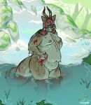 andromorph anthro arm_tattoo bathing belly big_belly big_tail blood blood_on_body blood_stain bodily_fluids detailed_background domestic_cat eyewear felid feline felis glasses hand_on_moob hi_res horn intersex leg_tattoo mammal moobs moss nipples nonbinary_(lore) nude obese obese_andromorph obese_anthro obese_intersex outdoor_nudity overweight overweight_andromorph overweight_anthro overweight_intersex plant river rock softsorbet solo sorbet_(softsorbet) tail tattoo thick_thighs thigh_tattoo trans_(lore) trans_man_(lore) vent_art washcloth waterfall wearing_glasses