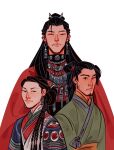  1girl 2boys absurdly_long_hair beads beard_stubble black_eyes black_hair blue_hanfu braid chinese_clothes closed_eyes ear_piercing earrings facial_hair family father_and_son fmd frown green_hanfu hair_beads hair_bun hair_ornament hanfu heterochromia highres hua_cheng jewelry long_hair miao_clothes mother_and_son multiple_boys multiple_piercings parent_and_child piercing red_eyes red_hanfu red_robe robe side_braid side_braids silver_earrings silver_necklace simple_background single_hair_bun smile stubble tianguan_cifu very_long_hair white_background 