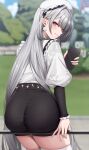  1girl absurdres azur_lane black_skirt blunt_bangs blush closed_mouth hat highres long_hair looking_at_viewer miniskirt outdoors red_eyes scylla_(azur_lane) seele0907 shirt sidelocks skirt smile solo thighhighs white_hair white_hat white_shirt white_thighhighs 