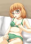  bad_hands bed blush bow bow_bra bow_panties bra bra_pull brown_hair commentary glasses green_bra green_eyes green_panties looking_at_viewer open_mouth original panties panties_aside pillow pubic_hair pussy short_hair sitting solo underwear underwear_only yummy_(donyat1983) 