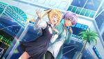  2girls black_dress black_pants black_ribbon blonde_hair blush closed_eyes collared_shirt dark-skinned_female dark_skin dolphin_wave dress dutch_angle from_side game_cg green_sweater hair_ribbon highres hood hooded_sweater kazami_ellen looking_at_another multiple_girls neck_ribbon non-web_source official_art ootomo_takuji open_mouth pants ponytail purple_eyes purple_hair ribbon shirt smile souma_hayate sweater twintails white_shirt 