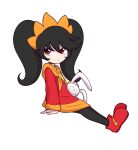  1girl ashley_(warioware) black_hair black_pantyhose closed_mouth dress from_side full_body hair_between_eyes hairband highres long_hair long_sleeves looking_to_the_side neckerchief orange_hairband orange_neckerchief pantyhose pestil red_dress red_eyes red_shoes shoes sidelocks sitting skull solo stuffed_animal stuffed_rabbit stuffed_toy transparent_background twintails warioware 