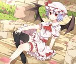  ascot asymmetrical_clothes bad_id bad_pixiv_id bat_wings blouse brick_wall brooch dutch_angle flower garters grass hand_on_own_knee hat hat_ribbon hyouka_(rat_hut) jewelry lavender_hair light_smile looking_at_viewer path petals red_eyes red_flower red_rose remilia_scarlet ribbon road rose rose_petals shadow shoes short_hair short_sleeves single_thighhigh sitting skirt solo stairs thighhighs touhou wings 