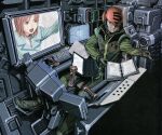  1girl 2boys binder brown_eyes brown_hair cable cockpit computer controller gundam helmet holding holding_cable joystick laptop mecha mecha_pilot_suit mobile_suit mobile_suit_gundam monitor multiple_boys open_mouth pilot robot science_fiction sitting turning_page 