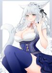  1girl :3 :q absurdres animal_ears artist_name black_thighhighs braid breasts cat_ears cat_girl cat_tail cleavage dirndl final_fantasy final_fantasy_xiv german_clothes green_eyes highres long_hair miqo&#039;te sana_(sanamaru_0w0) signature single_braid tail thighhighs tongue tongue_out v warrior_of_light_(ff14) white_hair 