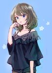  ama-tou aqua_eyes bare_shoulders blonde_hair blue_eyes brown_hair dress fringe_trim green_eyes green_hair heterochromia idolmaster idolmaster_cinderella_girls mole mole_under_eye off_shoulder open_mouth pantyhose short_hair short_shorts shorts solo takagaki_kaede 