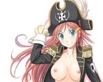  1girl blue_eyes breasts epaulettes hair_ornament hairclip hat katou_marika long_hair miniskirt_pirates nipples open_clothes pink_hair pirate pirate_hat smile solo tenkuu_nozora 