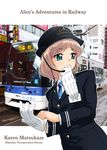  1girl aqua_eyes brown_hair gloves hat headset matsukaze_karen necktie object_in_mouth short_hair solo tessai tetsudou_musume train train_station uniform white_gloves 