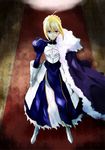  ahoge armor armored_dress artoria_pendragon_(all) bad_id bad_pixiv_id blonde_hair blue_cape blue_eyes cape dress fate/zero fate_(series) gauntlets juliet_sleeves long_sleeves puffy_sleeves saber solo standing yunbo 