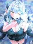  0806ohji 1girl ahoge black_dress black_gloves blue_hair blush breasts cleavage cowboy_shot dress elf gloves heart heart_ahoge heart_hands highres hololive horns large_breasts long_hair mahou_shoujo_holowitch! official_alternate_costume one_eye_closed pointy_ears solo virtual_youtuber yellow_eyes yukihana_lamy 