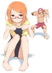  2boys :d ^_^ abs bad_id bad_pixiv_id barefoot closed_eyes competition_school_swimsuit falsetto_(suite_precure) glasses minamino_souta minatsuki_randoseru multiple_boys muscle one-piece_swimsuit open_mouth orange_eyes orange_hair pink_hair precure shirabe_ako shirtless shorts sitting smile suite_precure swimsuit towel towel_around_neck white_background 