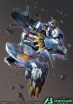  claws commentary debris green_eyes grey_background gundam gundam_arsenal_base gundam_barbatos_lupus_rex gundam_tekketsu_no_orphans holding holding_mace holding_weapon hukutuuprunes mace mecha mechanical_tail mobile_suit no_humans official_art robot science_fiction solo tail v-fin weapon 