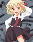  arm_up blonde_hair hair_ribbon highres maromi_gou necktie open_mouth red_eyes red_neckwear ribbon rumia salute shirt short_hair skirt skirt_set smile solo touhou vest 