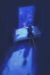  1girl ayanami_rei barefoot bed blood blood_on_ground blood_on_pillow blue_hair blue_skirt cityscape commentary from_above highres neck_ribbon neon_genesis_evangelion on_bed pillow pleated_skirt red_ribbon ribbon sberrymacchiato school_uniform shadow shirt short_hair short_sleeves sitting skirt solo suspender_skirt suspenders tokyo-3_middle_school_uniform white_shirt window 