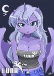  anthrofied big_breasts blue_hair breasts cat cleavage clothed clothing cutie_mark equine feline female friendship_is_magic hair horn human humanized jeans long_hair mammal my_little_pony parody princess_luna_(mlp) purple_body shepherd0821 shirt solo top winged_unicorn wings 