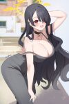  1girl absurdres alternate_costume arm_behind_head black_choker black_hair blue_archive blush breasts choker cleavage collarbone commentary dongtan_dress dress grey_dress hair_over_one_eye halo highres hinata_(blue_archive) huge_breasts kurochomo leaning_forward long_hair meme_attire one_eye_covered outdoors red_eyes smile solo strap_slip strapless strapless_dress twitter_username very_long_hair 