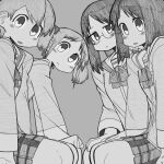  4girls absurdres aioi_yuuko blush bone_nigi closed_mouth commentary glasses grey_hair highres looking_at_viewer minakami_mai multiple_girls naganohara_mio nichijou open_mouth school_uniform shinonome_nano short_hair short_twintails skirt tokisadame_school_uniform twintails 