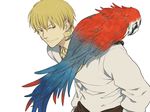  animal animal_on_shoulder bird bird_on_shoulder blonde_hair casual earrings fate/zero fate_(series) gilgamesh jewelry male_focus nano_(veek) parrot red_eyes solo 