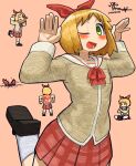  &gt;_o 1girl absurdres annaka_haruna arms_up blonde_hair blush bone_nigi bow dated green_eyes highres leg_up looking_at_viewer nichijou one_eye_closed red_bow red_skirt school_uniform shoes shun_goku_satsu signature simple_background skirt socks solo tokisadame_school_uniform tongue 
