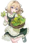  apron basket black_shoes black_skirt black_vest blonde_hair braid collared_shirt commentary_request cowboy_shot dandelion eating flower frilled_skirt frills hair_between_eyes highres holding holding_basket holding_plant kirisame_marisa long_hair long_sleeves looking_at_viewer mary_janes no_headwear plant plant_request shirt shoes side_braid simple_background single_braid skirt standing standing_on_one_leg tamagogayu1998 touhou vest waist_apron white_apron white_background white_shirt yellow_eyes 