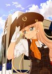  1girl bird blonde_hair cloud gloves hat kuji_alice long_hair peaked_cap salute scarf seagull smile solo tessai tetsudou_musume train very_long_hair white_gloves 